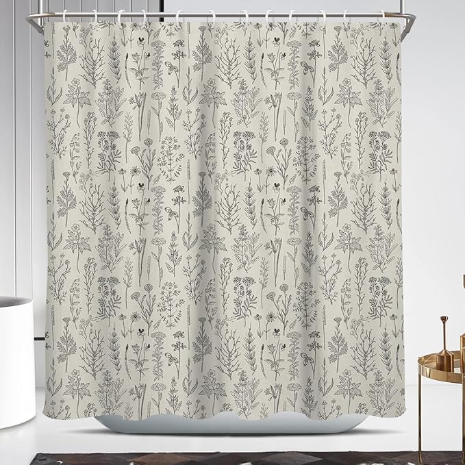Coxila Vintage Floral Shower Curtain Long Wide Beige Flower Retro Farmhouse Rustic Cream Country Ivory Botanical Spring Boho Cute Plant Nature Bathroom 72 x 72 Inch Polyester Fabric 12 Pack Hooks