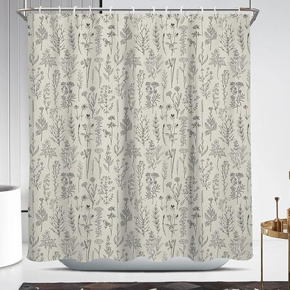 Coxila Vintage Floral Shower Curtain Long Wide Beige Flower Retro Farmhouse Rustic Cream Country Ivory Botanical Spring Boho Cute Plant Nature Bathroom 72 x 72 Inch Polyester Fabric 12 Pack Hooks