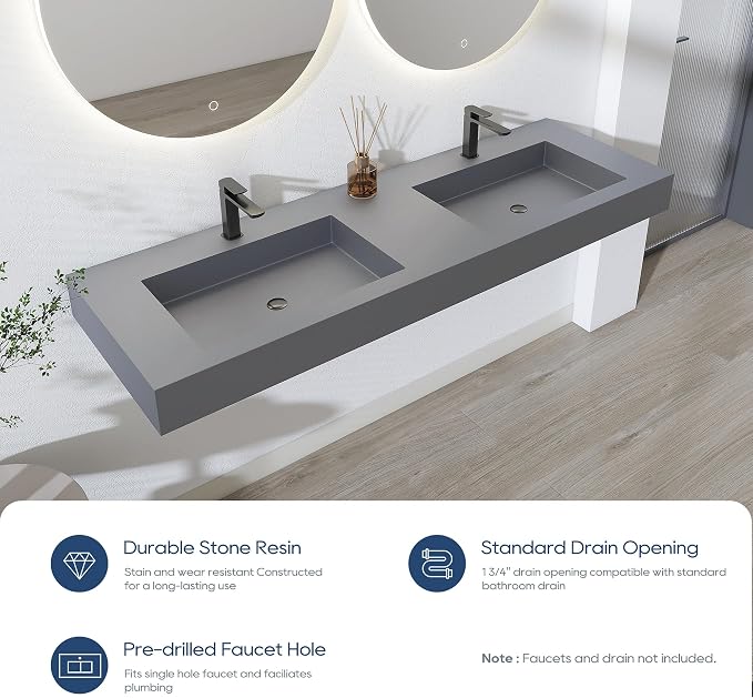 SJ STAR&JANE 59" x 19" Solid Surface Bathroom Double Vessel Sink, Wall Mounted Sink, Stone Resin Countertop With Double Bowl in Light Gray Rectangle Double Floating Vanity Sink Durable Modern Design
