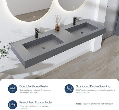 SJ STAR&JANE 59" x 19" Solid Surface Bathroom Double Vessel Sink, Wall Mounted Sink, Stone Resin Countertop With Double Bowl in Light Gray Rectangle Double Floating Vanity Sink Durable Modern Design