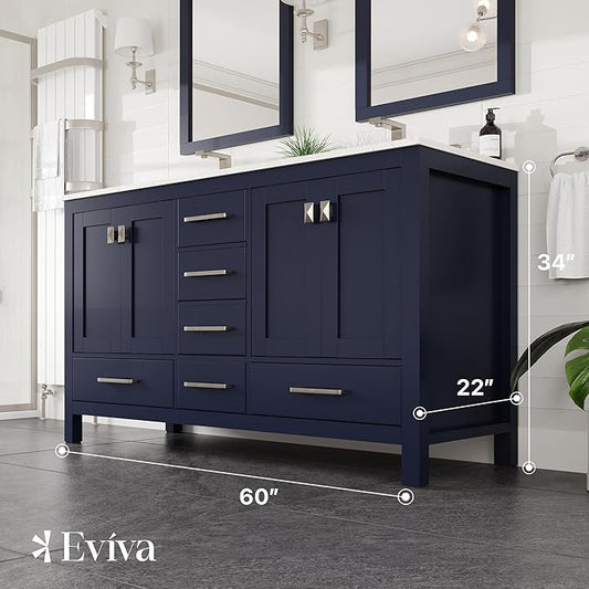 Eviva Aberdeen 60 in. Blue Double Sink Bath Vanity with Carrara Quartz Top and Undermount Porcelain Sinks