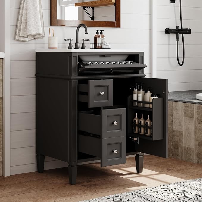 Merax 24 Inch Bathroom Vanity with Ceramic Sink, Solid Wood Frame Modern Bathroom Sink Storage Cabinet with 2 Drawers and a Tip-Out Drawer, Single Sink Bathroom Vanities, Black