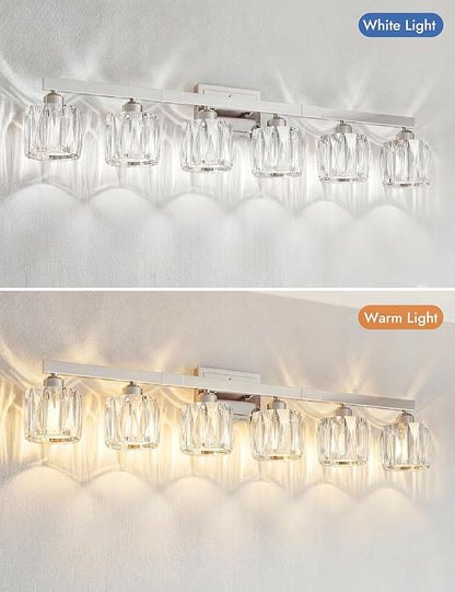 VOLISUN Crystal Vanity Lights for Bathroom, 6 Light Bathroom Vanity Light, Modern Stainless Steel Bathrooms Lights Over Mirror, Chrome Bathrooms Lights Fixtures-UL Certificated(Exclude Bulb)