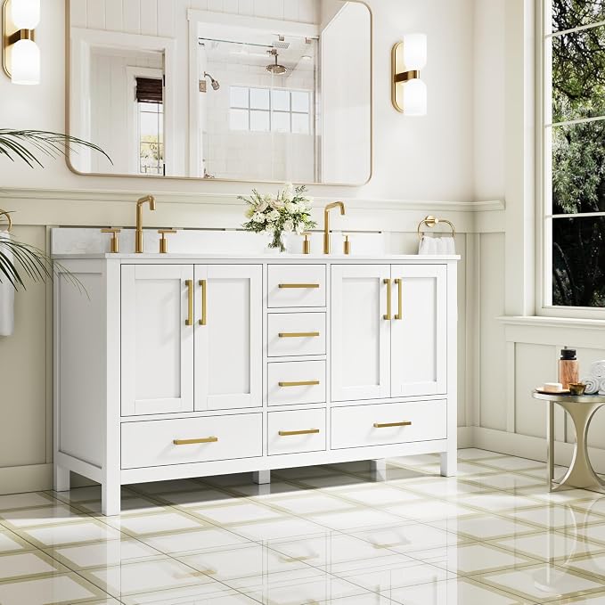 60-Inch Bathroom Vanity with Sink, 4 Soft-Close Doors and 6 Soft-Close Drawers, Bathroom Freestanding Vanity with Cultured Marble Countertop, White Vanity W/Gold Handles