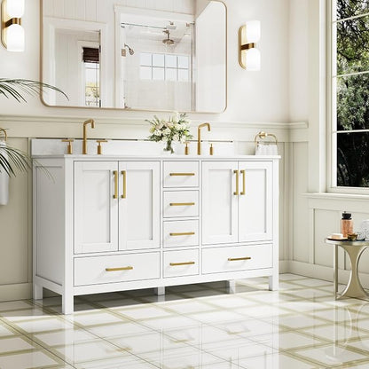 60-Inch Bathroom Vanity with Sink, 4 Soft-Close Doors and 6 Soft-Close Drawers, Bathroom Freestanding Vanity with Cultured Marble Countertop, White Vanity W/Gold Handles