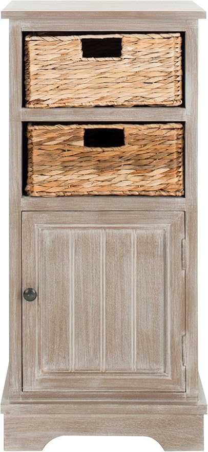 SAFAVIEH Home Collection – Connery White Washed Storage Cabinet with Rattan Baskets & Bottom Door, Farmhouse Accent Storage, Fully Assembled (AMH5742E)