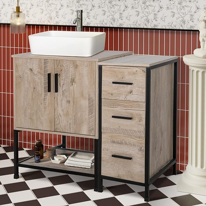 UEV 36" Bathroom Vanity, Oak Color Bathroom Vanity Set with Sink and 3 Drawers Side Cabinet Combo, with Adjustable Water Temperature Faucet (T03)