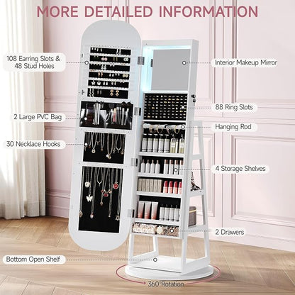 360° Swivel Jewelry Mirror Cabinet with Lights, Inside Makeup Mirror, Standing Jewelry Armoire Organizer, Rotatable Full-Length Mirror with Jewelry Storage, Lockable with Back Storage Shelves (White)