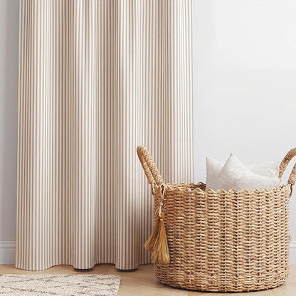 Mindsoft Stripe Cotton Toile Shower Curtain Ticking Stripes Woven Print Curtain Bathroom Decor for Traditional Contemporary Style Kitchen Bath (Brown and White,72 x 72 Inches,Stripe& Bow Knot Ties)