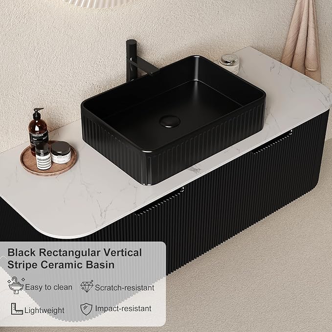 48 Inch Floating Bathroom Vanity with Sink, Modern Bathroom Vanities with Rectangular Ceramic Basin and Marble Top, 2 Large Soft-Closing Storage Drawers, Pre-Assembled Cabinet, Gloss Black