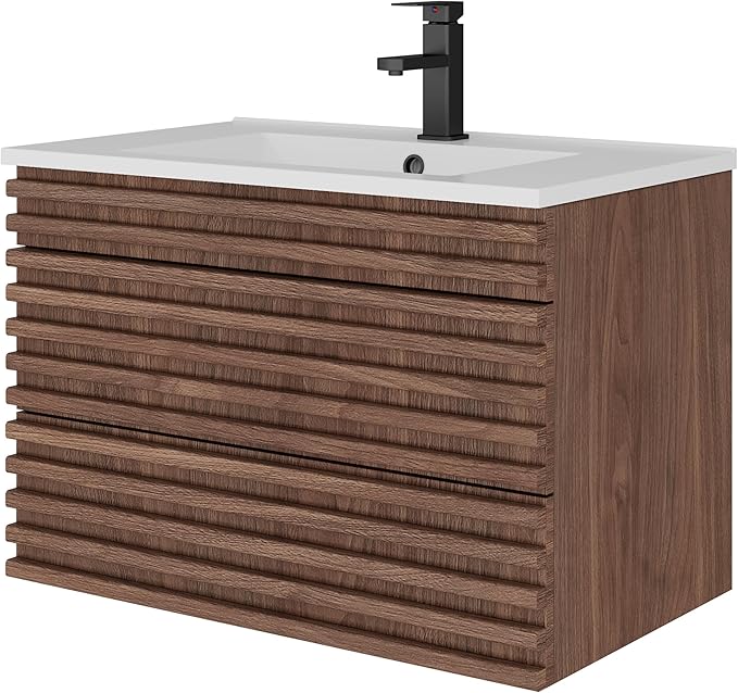 LUCKWIND 30" Floating Bathroom Vanity with Sink, Mid-Century Wall Mounted Big Drawer Cabinet with Large Sink, Water Saving Faucet and Wood Stripes Style, Walnut