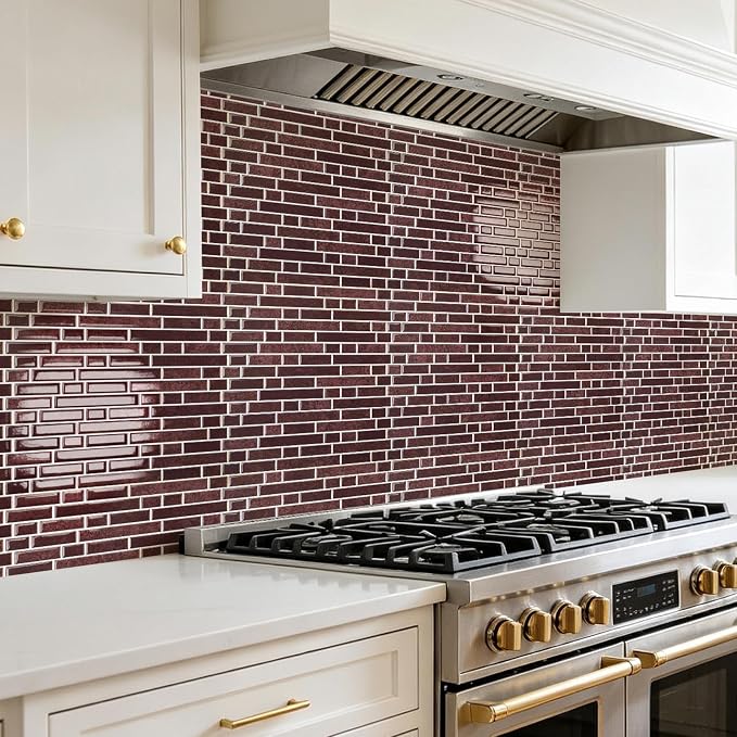 Art3d 10-Sheet Heavy-Duty Peel and Stick Backsplash, Waterproof Wall Tiles Stick on Kitchen Backsplash Living Space, Dark Burgundy