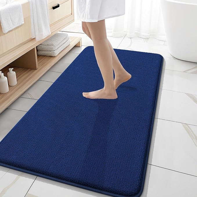 OLANLY Memory Foam Bathroom Runner Rug 47x20, Absorbent Long Bath Mat, Navy | Soft Quick Dry Bath Rugs, Non-Slip Carpet, Machine Washable Mat for Bathroom Floor, Tub and Shower, Home Decor Accessories