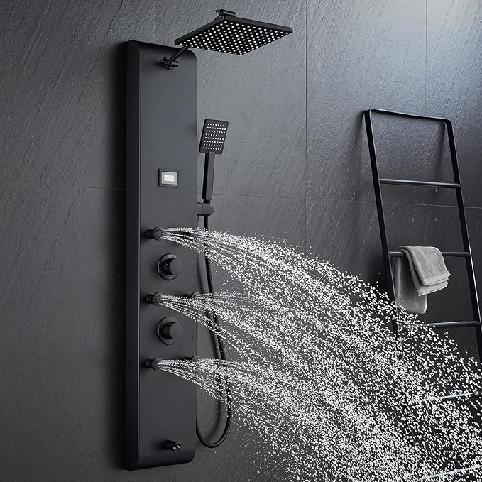 MENATT Stainless Steel Shower Panel Tower System with Height Adjustable Rainfall Shower Head, 4 in 1 Shower Panels with 6 Body Jets, Handheld Shower, Tub Spout, Brushed