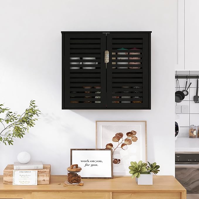 HITNET Black Bathroom Storage Cabinet, Hanging Medicine Cabinet with Adjustable Shelf, Bamboo Over The Toilet Wall Mounted Space Saver Organizer, Double Doors