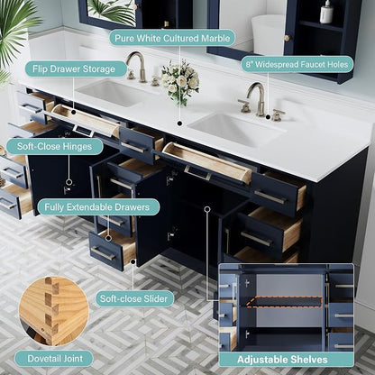 84-Inch Bathroom Vanity with Double Sinks W/ 4 Doors & 12 Drawers & 2 Flip Drawers, Navy Blue Vanity W/Brushed Nickel Handles