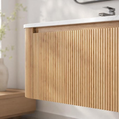 42 Inch Wall Mounted Bathroom Vanity with Ceramic Sink, Pre-Assembled Floating Vanity Cabinet with Cararra Artificial Countertop, Wave Texture Finish & Drawer, Wood