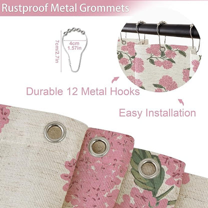 ORTIGIA Linen Textured Ruffle Shower Curtain with Metal Hooks, Vintage Pink Hydrangea Floral Boho Waterproof Bath Curtain for Rustic Farmhouse Bathroom Decor 72x72 Inch