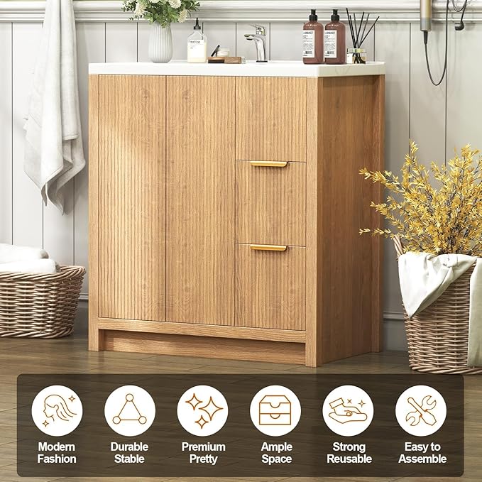 32" Modern Bathroom Vanity with Ceramic Sink, 2 Drawers & 2 Doors, Wooden Panel Design Storage Cabinet, Actual 31.5" L x 18.5" W x 35.5" H