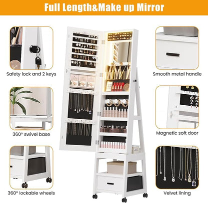 GAOMON 360° Swivel Jewelry Cabinet with LED Lights, Full-Length Mirror with Jewelry Storage, Standing Jewelry Organizer with Bottom Storage Drawer & Shelves, Lockable, Christmas Gifts, White
