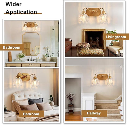 Vintage Bathroom Light Fixtures, 2 Light Gold Bathroom Vanity Light, Matte Antique Brass Finish with Crystal Glass Shade, Wall Sconces Lighting for Bedroom, Living Room, Hallway