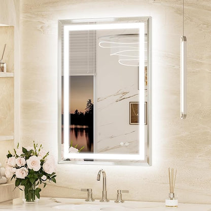 Keonjinn 24x36 Inch Nickel LED Bathroom Mirror with Lights, Beveled Edge | Frontlit & Backlit, Lighted Bathroom Mirror, HD Tempered Glass, 3 Color Temperatures, Anti-fog, Stepless Dimmable