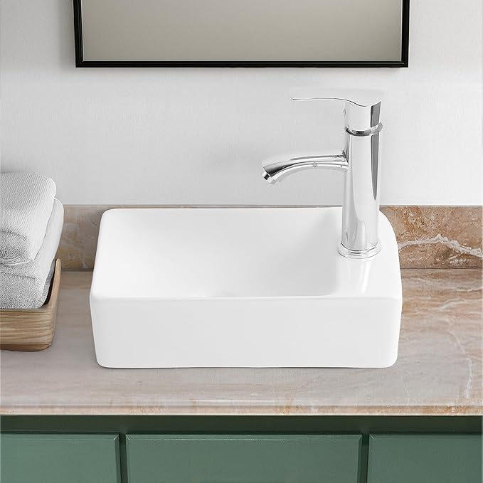 JONATHAN Y SNK1004A-R Felix 15 in. W x 8 in. D Modern Wall Mounted Rectangular Ceramic Mini Sink Basin, Right-Side Faucet, White