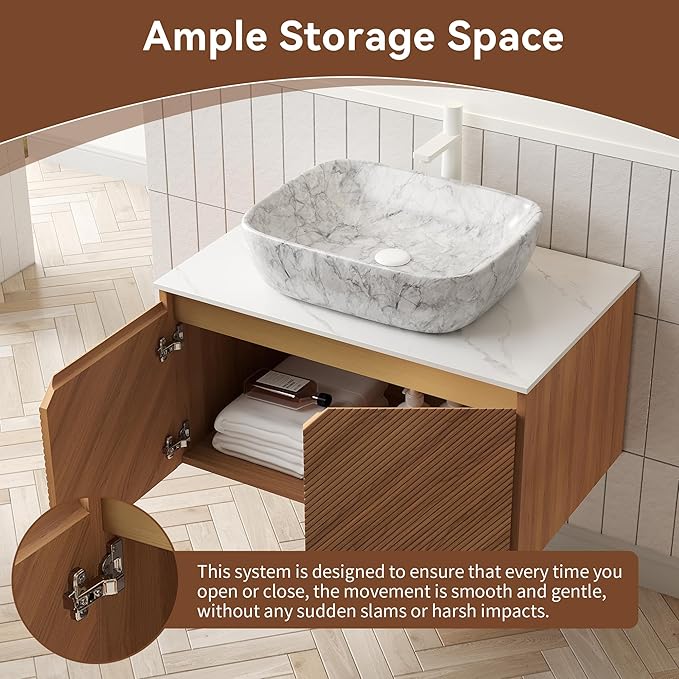 Floating Bathroom Vanity with Sink, 30 Inch Fluted Vanity with Vessel Sink, Modern Bathroom Vanity Cabinet with 2 Doors, Oval Marble Vessel Ceramic Sink & Sintered Stone Top, Oak