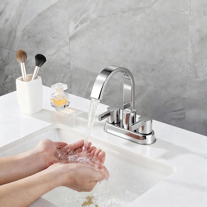 Bathroom Sink Faucet 3 Hole Chrome, 4 Inch Centerset | 360 Degree Swivel Waterfall Spout, Stainless Steel Bathroom Faucet for Sink 3 Hole, with Pop Up Drain, Chrome Bathroom Faucet