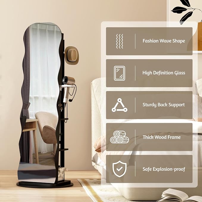 Vlsrka 360° Swivel Jewelry Armoire with Full Length Wave Mirror, Black | Lockable Mirror Jewelry Cabinet Standing, Interior LED Makeup Mirror, Foldable Shelf, Large Capacity, Gift for Women, Girls