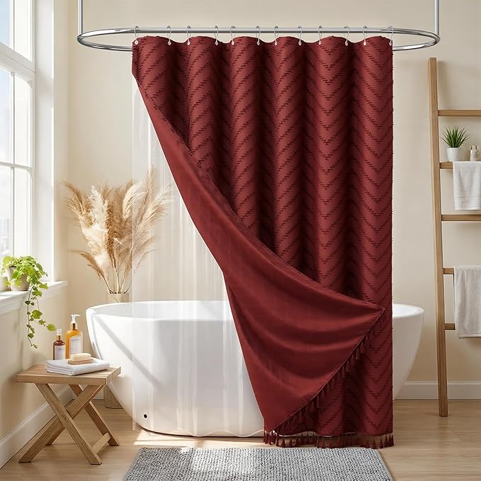 Dynamene Burgundy Boho Shower Curtain and Liner Set, Farmhouse Fabric Shower Curtain and Waterproof Clear Liner, Tufted Chevron Striped Textured Tassel Shower Curtains for Bathroom, 12 Hooks, 72x72