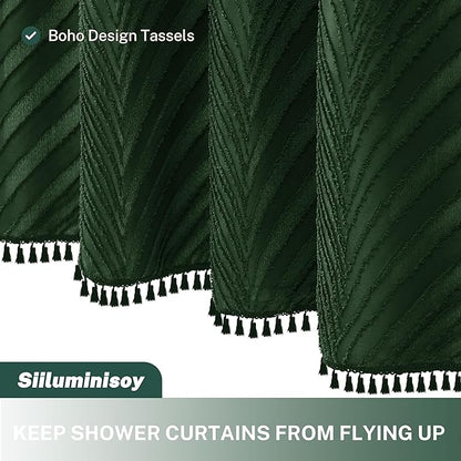 Long Shower Curtain Dark Green 78 Inch Shower Curtain Boho Woven Fabric Tufted Leaves Textured Shower Curtains for Bathroom