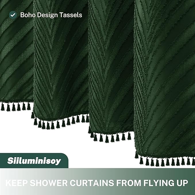 Extra Long Shower Curtain Dark Green 84 Inch Shower Curtain Boho Woven Fabric Tufted Leaves Textured Shower Curtains for Bathroom