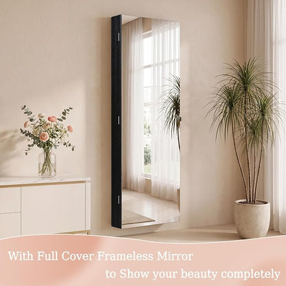 Unisakey Mirror Jewelry Cabinet,Lockable Wall or Door Mounted Jewelry Armoire Organizer With Built-up Mirror,LED Lights, Drawers,Cosmetic Trays,Shelves, 14.4"x3.15"x 43.1"（Black） | Door or Wall Mount Flexible,Drawers Cosmetic Trays Shelves Inside,Built...