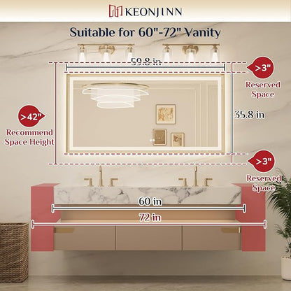 Keonjinn 60x36 Inch Gold LED Bathroom Mirror with Lights, HD Tempered Glass | Frontlit & Backlit, Large Lighted Bathroom Mirror, Beveled Edge, 3 Color Temperatures, Anti-fog, Stepless Dimmable