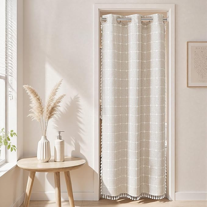 RiverDream Farmhouse No Hooks Shower Curtain with Snap-in Liner,Linen,36x74 | Snap on Fabric Liner,Heavy Duty,Quick Dry,With Bottom Magnets,Washable,with Tassels, Rustic Boho Farmhouse,Stall Size