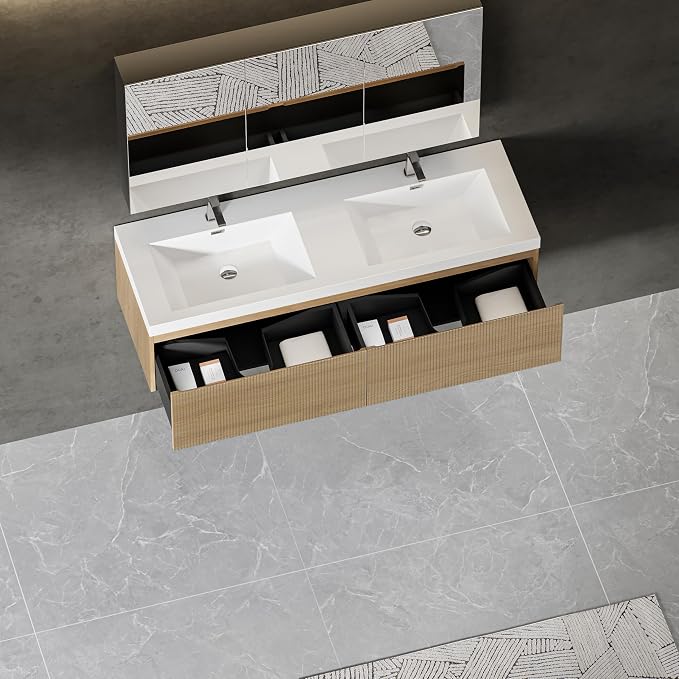 60" Floating Bathroom Vanity with Double Sink, Wall-Mounted Modern Oak Storage Cabinet, Wave-Textured Soft-Close Drawer & Glossy White Solid Surface Basin, Natural Oak