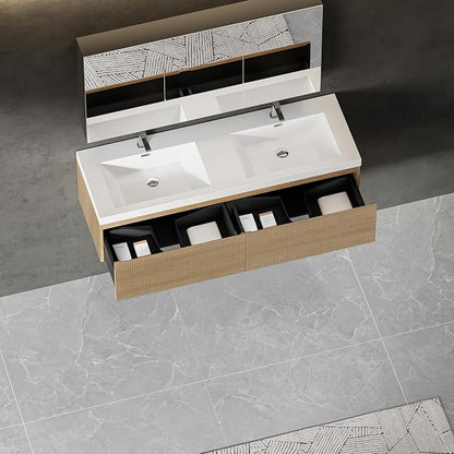 60" Floating Bathroom Vanity with Double Sink, Wall-Mounted Modern Oak Storage Cabinet, Wave-Textured Soft-Close Drawer & Glossy White Solid Surface Basin, Natural Oak