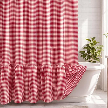 HunnmingRe Ruffle Hem Gingham Shower Curtain, Red Farmhouse | Waterproof Fabric for Bathroom, Machine Washable, Standard Size Fits Most Tubs, Farmhouse Cottage Style Decor