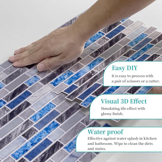 Alwayspon 10 Sheets 12" x12inch Grey and Blue Marble Effect Vinyl Tiles, Backsplash, Self-Adhesive Peel and Stick Wall Tile Stickers, Stick on Subway Tiles for Kitchen Bathroom Wall Decor