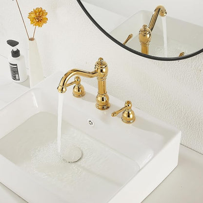 2 Handles 3 Holes Faucet Widespread Bathroom Sink Faucet Basin Tap Mixer Supply Hose Included Matching Pop Up Drain Polished Gold