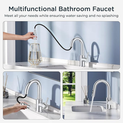 FORIOUS Chrome Bathroom Faucet with Pull Down Sprayer, Single Hole Bar Sink Faucet 1 Hole with Pop Up Drain Hose, Suitable for Bathroom, RV,Vanity, Restroom & Utility Sink
