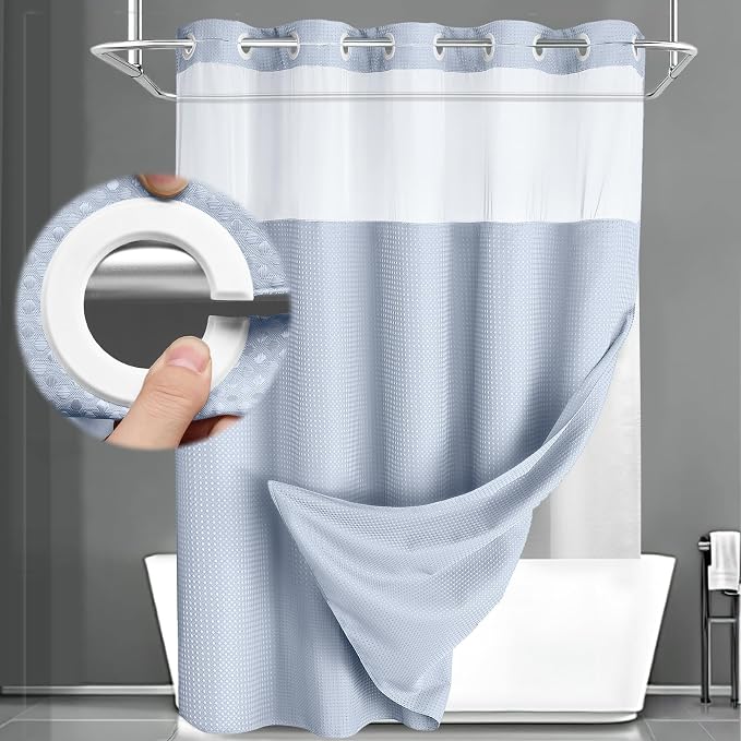 No Hook Shower Curtain and Liner Set,Mist Blue Hotel Waffle Shower Curtain with Liner 75" L x 72" W