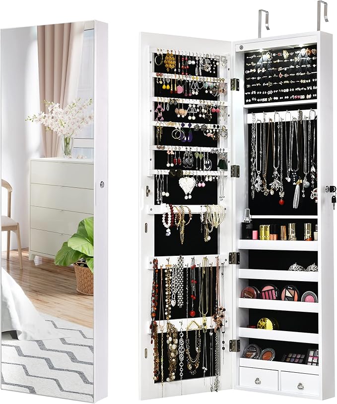 COSTWAY Wall Mounted Jewelry Armoire with Full Length Mirror & 2 LED Lights, Large Storage Capacity, Lockable Mirror Jewelry Cabinet for Women Girls (White)