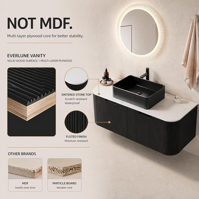 48 Inch Bathroom Vanity with Sink, Floating Wall Mounted Single Sink Vanity, Black Curved Fluted Front, Stone Top, Black Textured Rectangular Vessel Basin, Pre-Assembled