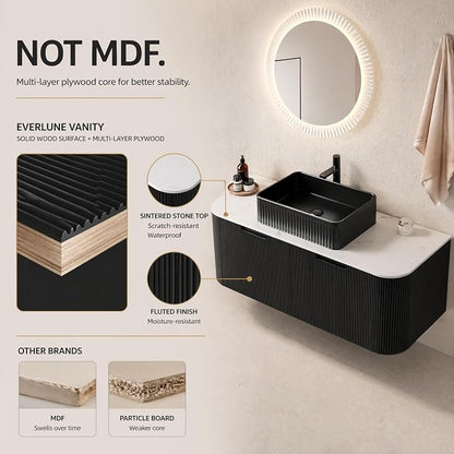 48 Inch Bathroom Vanity with Sink, Floating Wall Mounted Single Sink Vanity, Black Curved Fluted Front, Stone Top, Black Textured Rectangular Vessel Basin, Pre-Assembled