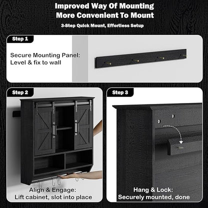 RUSTOWN Farmhouse Bathroom Wall Cabinet,3-Tier Rustic Wood Wall Mounted Cabinets,Vintage Medicine Cabinet with Sliding Barn Door and Adjustable Shelves,Over The Toilet Storage Cabinet (Black)