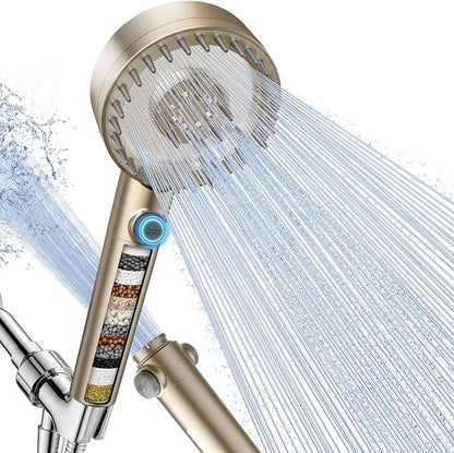 Filtered Shower Head with Handheld, High Pressure Showerhead with Filters | 4 Spray, ON/OFF Button for Pets, Detachable Shower Heads with Water Softener Filter Beads for Hard Water- Remove Chlorine