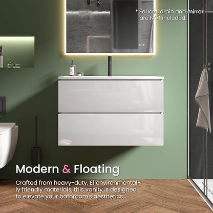 30" Bathroom Vanity with Sink, Modern Floating Vanity with Double Soft Closing Drawers, Large Storage for Small Space, Glossy White, Fully Assembled - Iris Collection