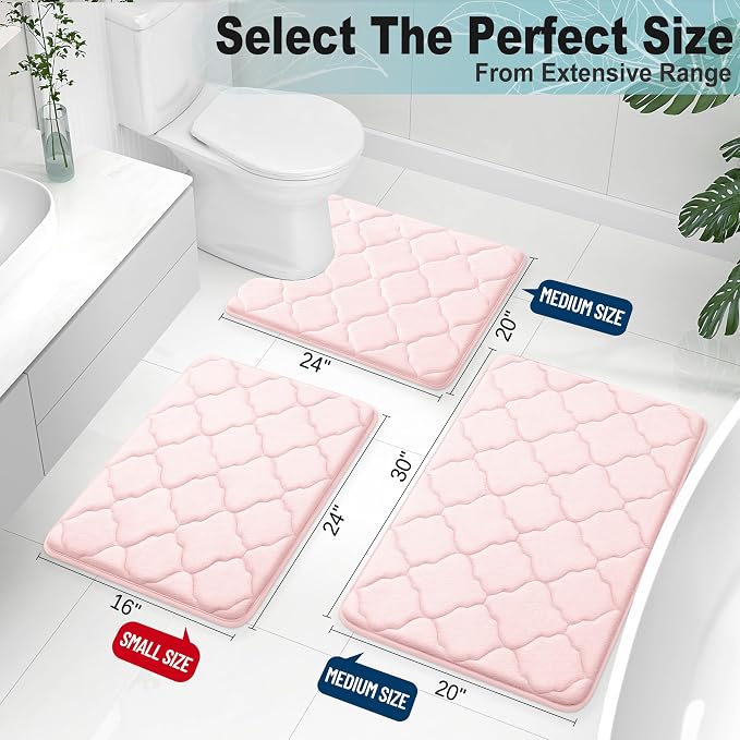 OLANLY Memory Foam Bath Mat Rug 24x16, Ultra Soft and Absorbent Bathroom Rugs, Non-Slip, Comfortable, Machine Washable Bath Carpet for Bathroom Floor, Tub, Shower and Home Decor Accessories, Pink